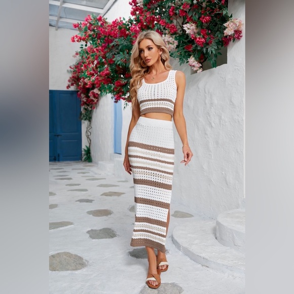 Striped Openwork Cropped Tank and Split Skirt Set - Picture 6 of 16